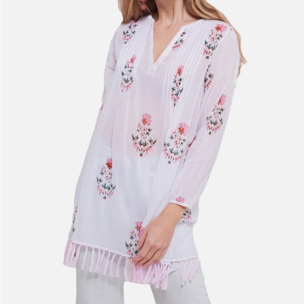 ROLLER RABBIT Arelle Laura‎ Floral Fringe Tunic Top White Pink Floral Sheer M